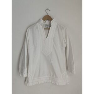 Elizabeth McKay Tunic Top Coverup White Sz M 100% Linen Side Zip Long Sleeve